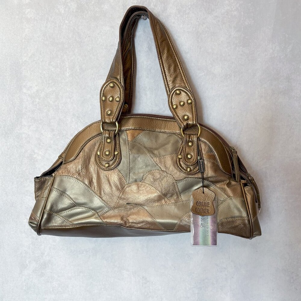 Country Road Womens Genuine Leather Patchwork Handbag Shoulder Bag Bronze Brown
